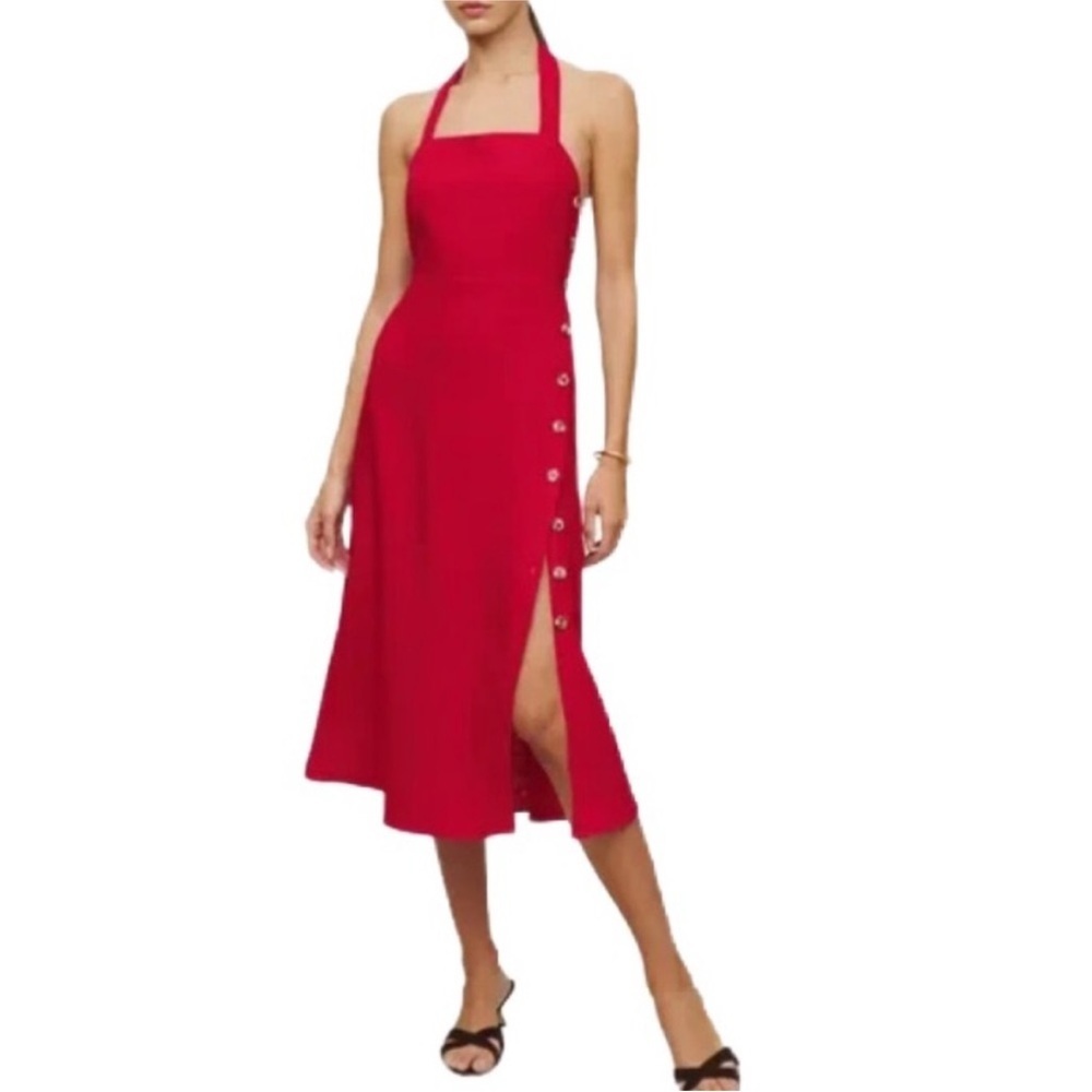 Reformation Red Halter Midi Dress with Side Button Slit